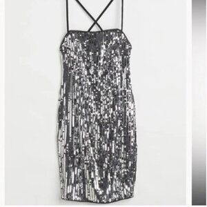 H&M silver sequined mini dress with open back. Size:XXL